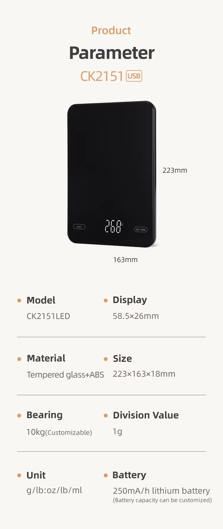All Tempered Glass Kitchen Scale USB Rechargeable LED Hidden Display Baking Scale
