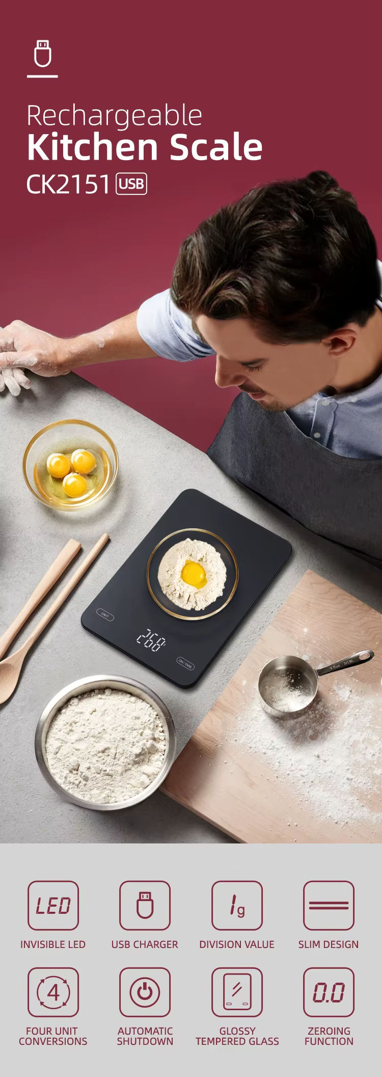 CK2151 Hidden Display Kitchen Scale with LED Digital Display, Tempered Glass, and USB Charging