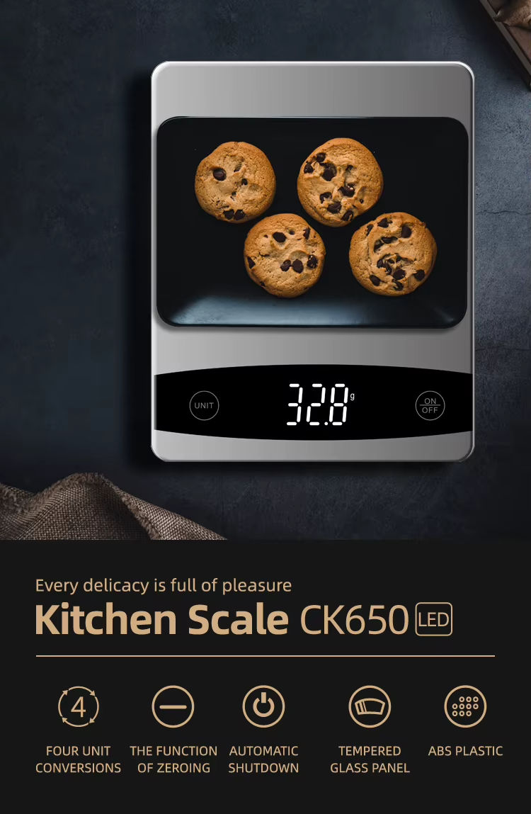 CK650 LED Kitchen Digital Scale, 10 kg, Tempered Glass, High Precision Baking Scale