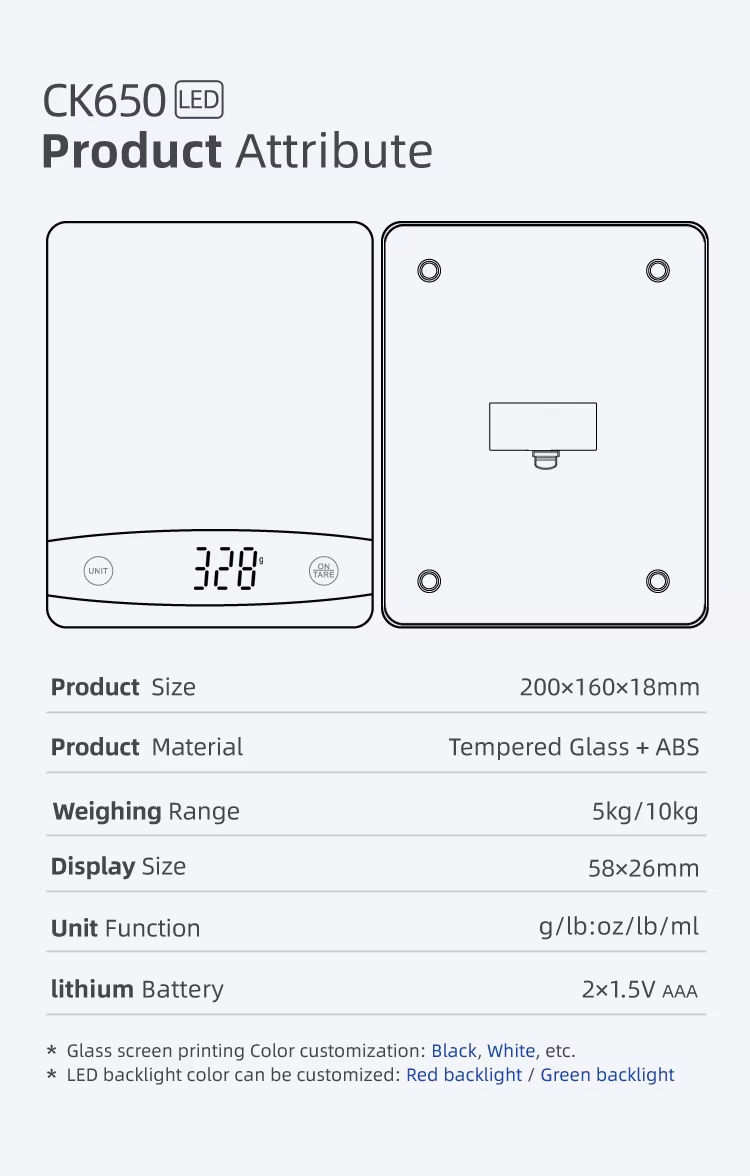 CK650 Tempered Glass Kitchen Scale High Brightness LED Digital Display Household Food Scale