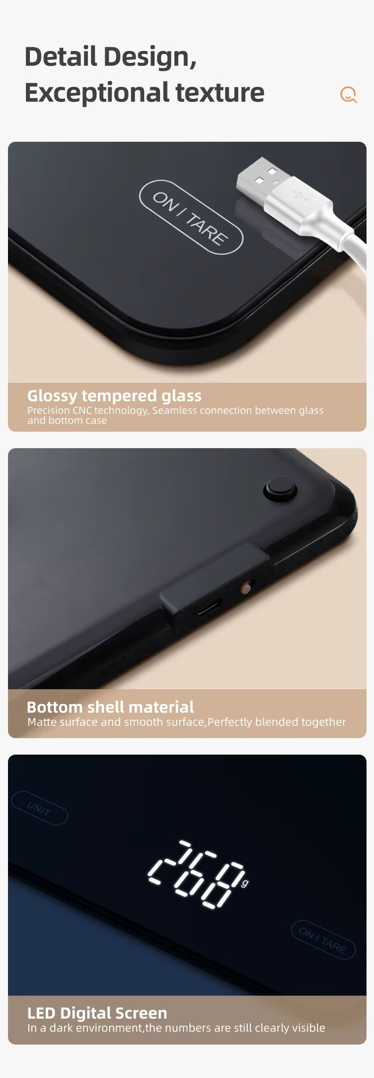 Kitchen Scale with Tare Function, USB Rechargeable, LED, Tempered Glass Baking Scale